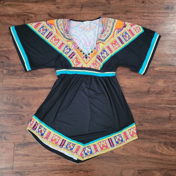 Trina Turk Size M Nepal Black Paisley Tunic Swim Cover up Mini Dress Luxury Pool - Picture 3 of 9